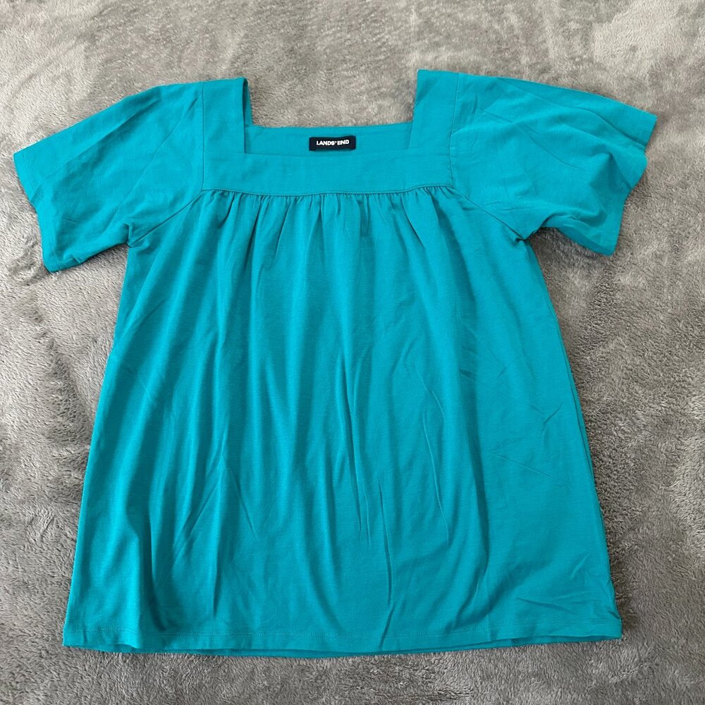 Lands' End Teal Blue Square Neck Flutter Sleeve Cotton Tee Shirt XS 2/4